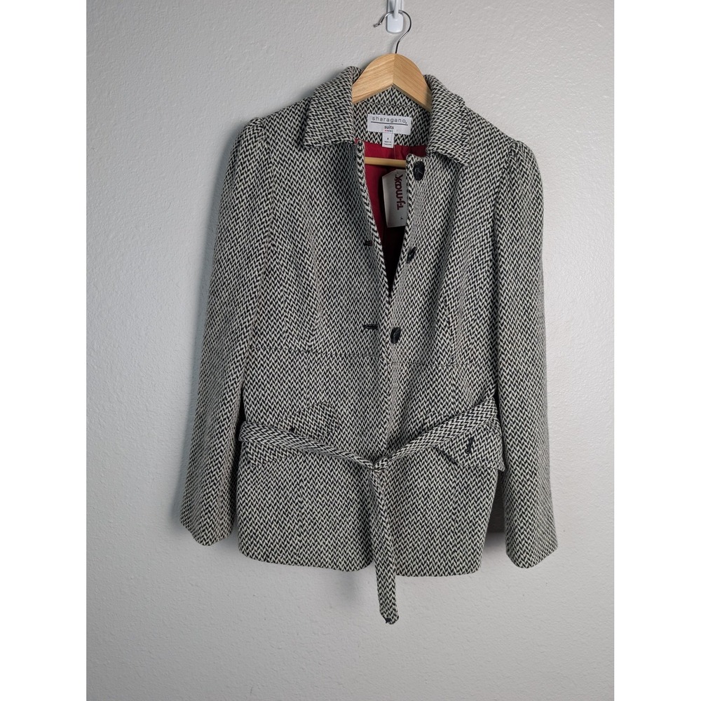 Sharagano Blazer Womens 8 Gray Herringbone Belted Tweed Lined Jacket Work Career